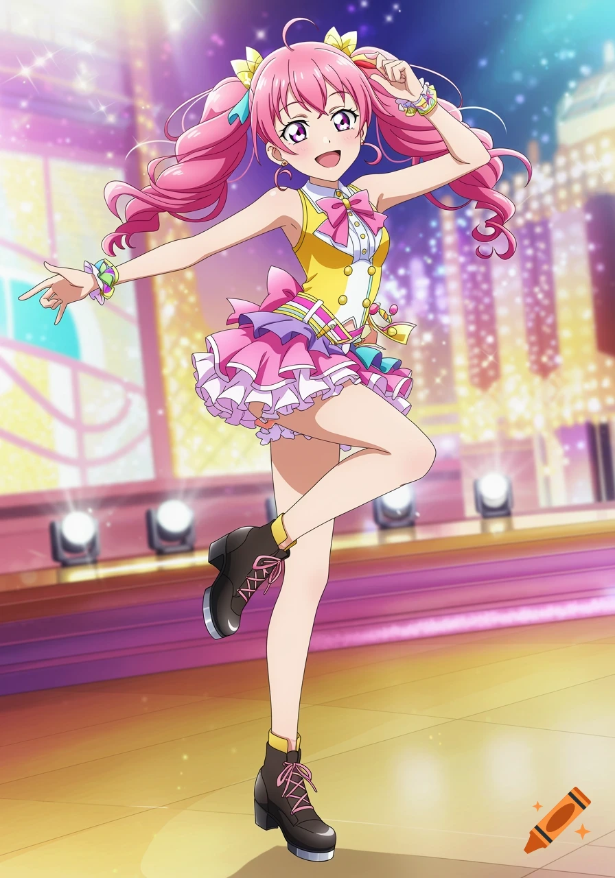 Anime girl with pink pigtails dancing in a colorful idol costume on a stage.