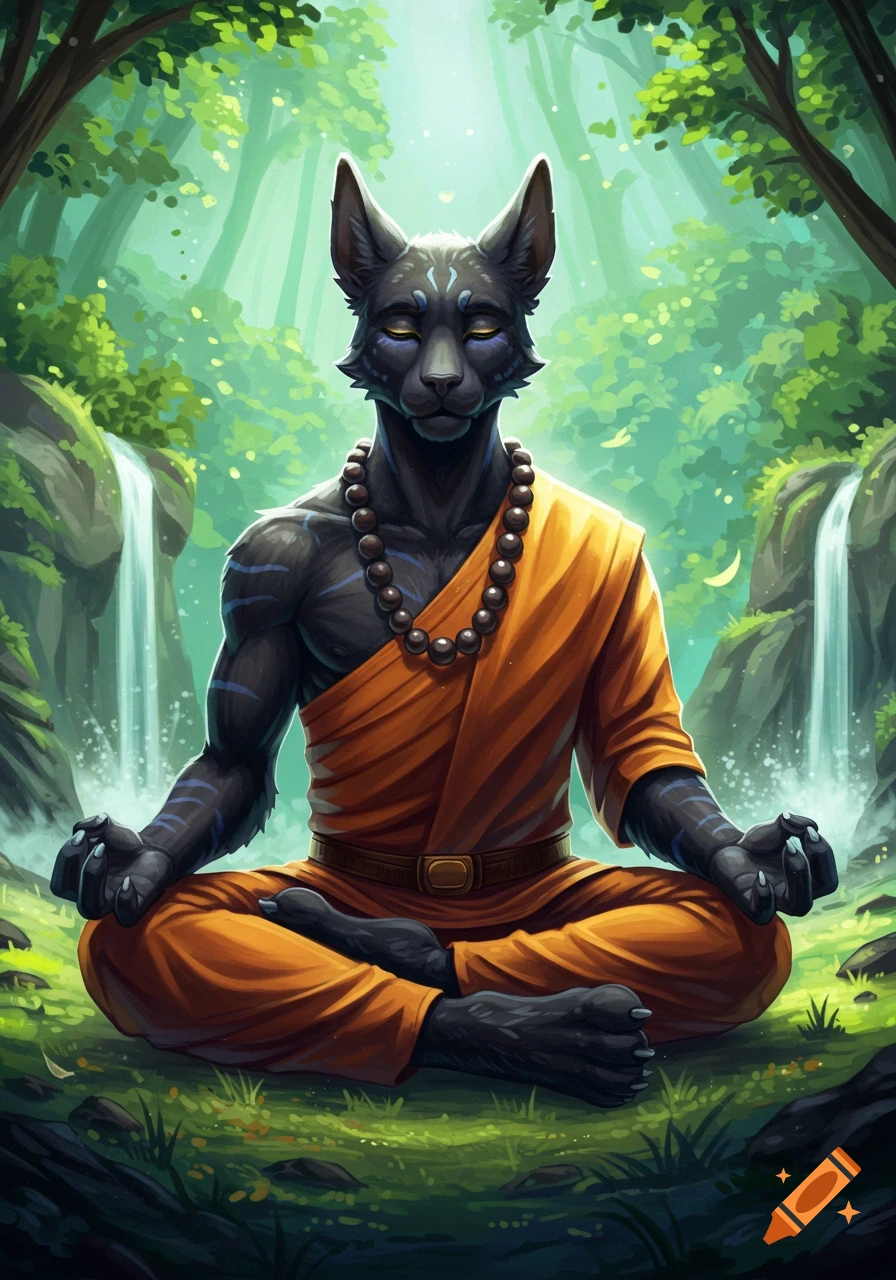 Black furred furry creature in monk robe meditating in a forest with waterfalls.