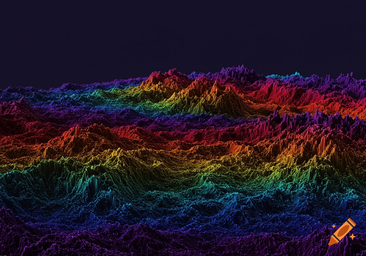 A vibrant, abstract 3D landscape rendered like a fractal surface with rainbow colors.