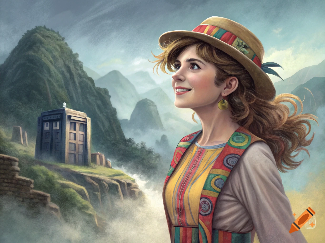 Stylized art of a person in a hat looking up, standing in front of a TARDIS in a misty, mountainous landscape.