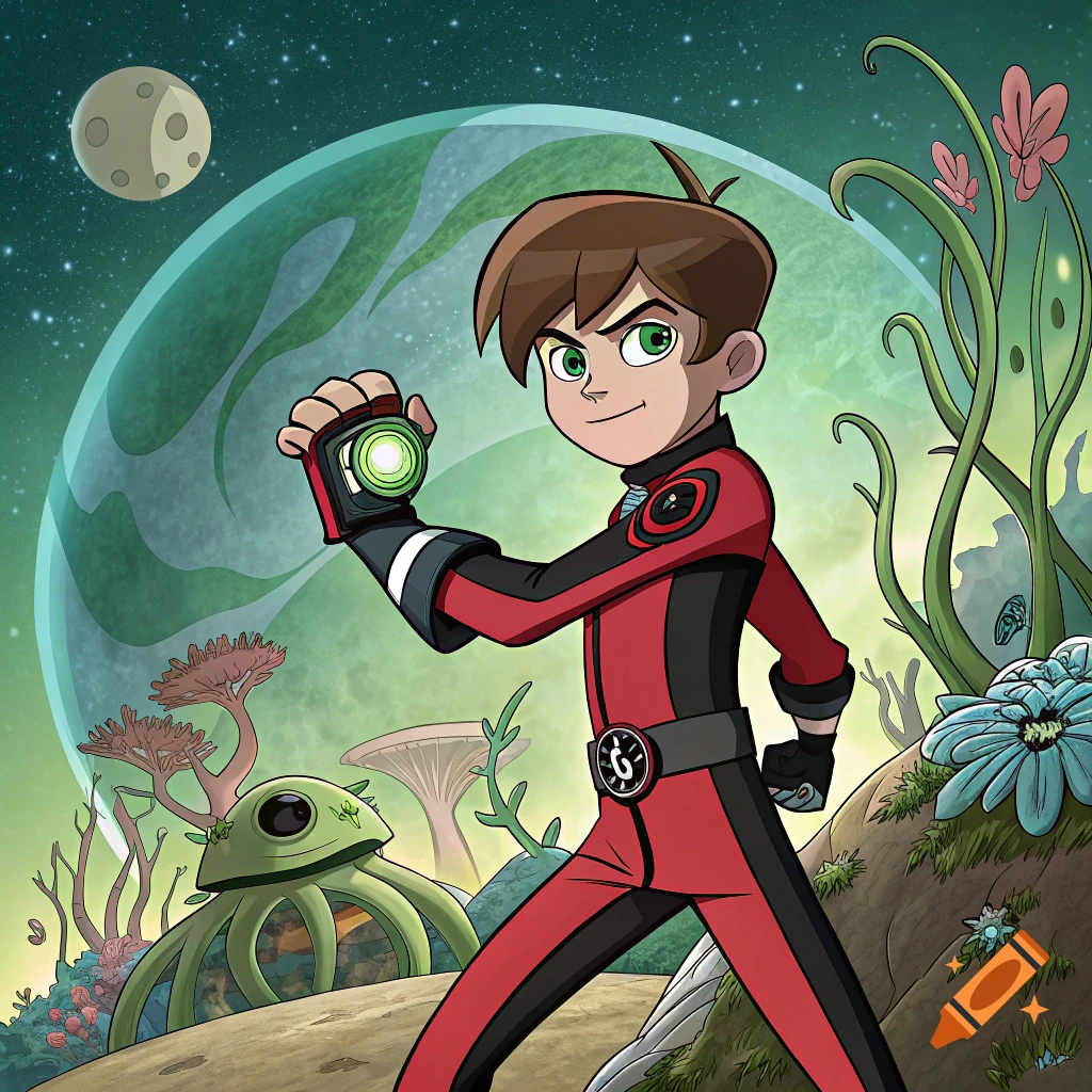 Cartoon boy in red and black suit holds glowing device on alien planet