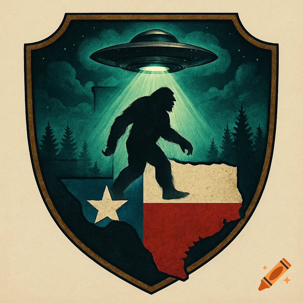 Shield logo with a Bigfoot figure and a UFO over a map of Texas with the state flag colors.