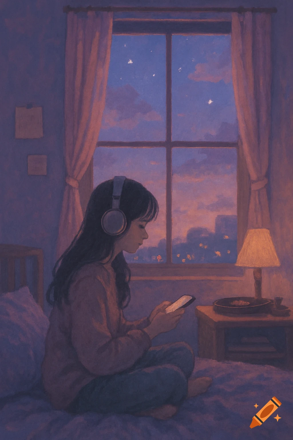 Illustrated scene of a girl with headphones using a phone on a bed by a window at sunset.