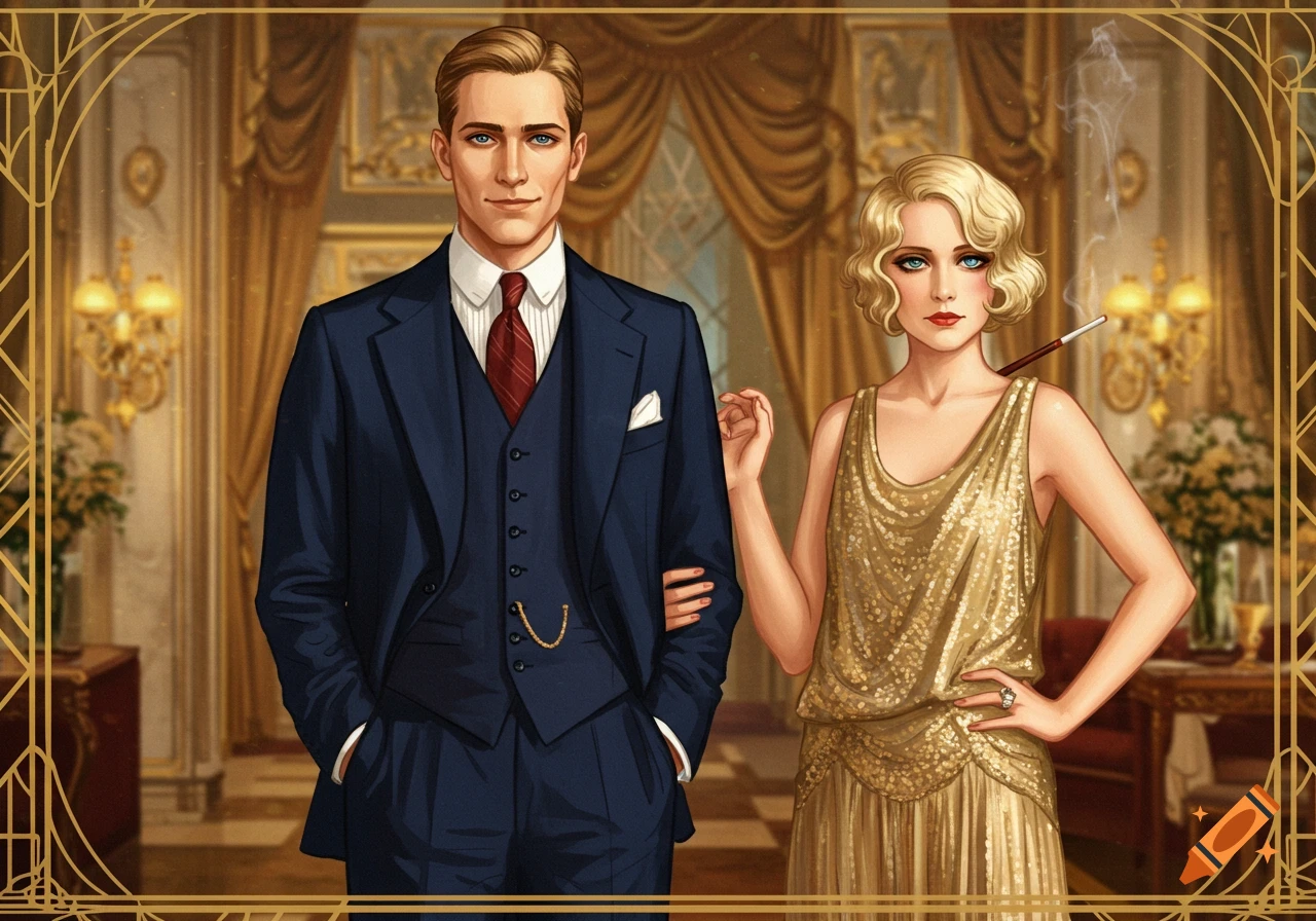 Illustration of a man in a suit and woman in a sparkly dress in a 1920s setting.
