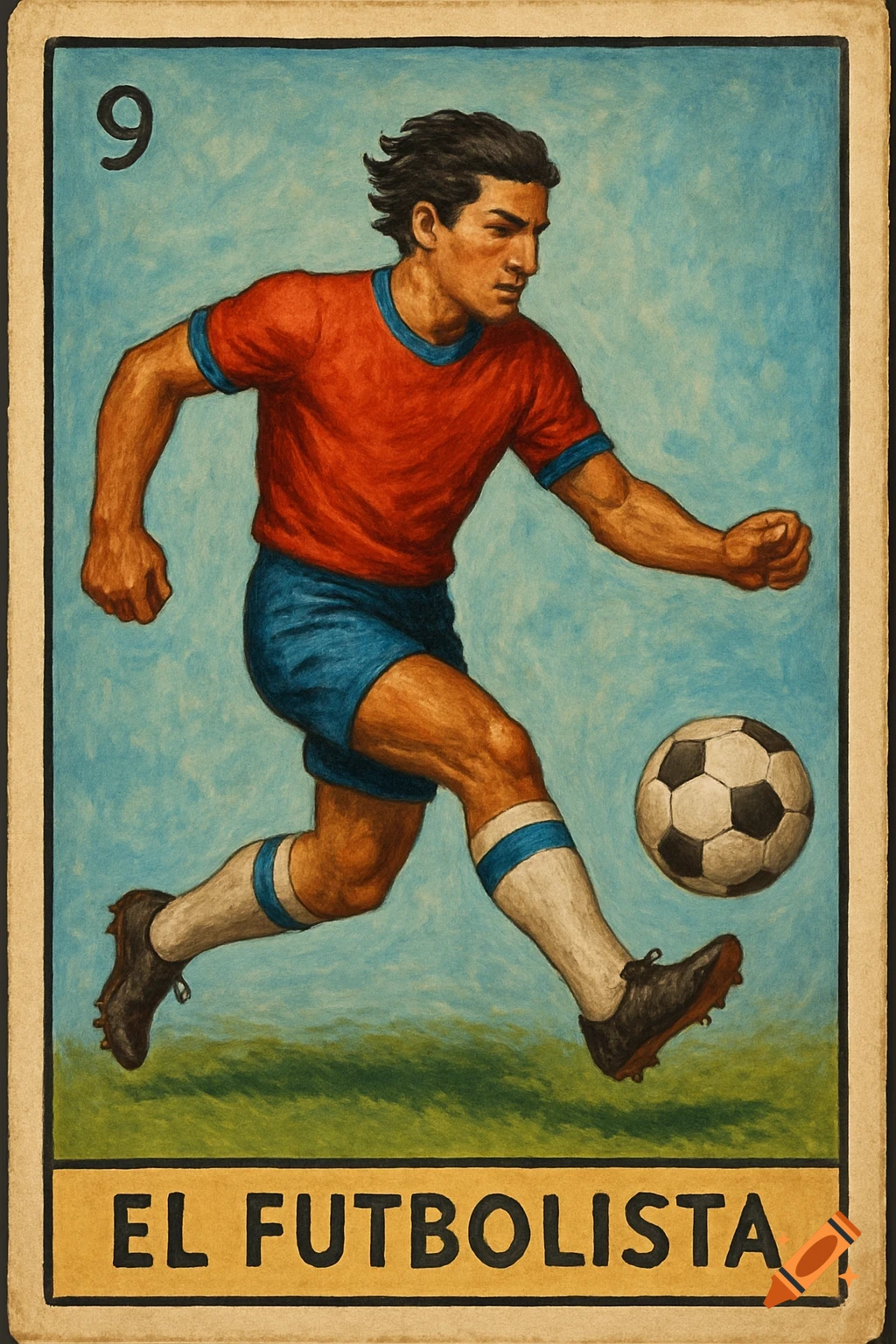 Illustration of a Loteria-style card featuring a soccer player and the text 'EL FUTBOLISTA'.