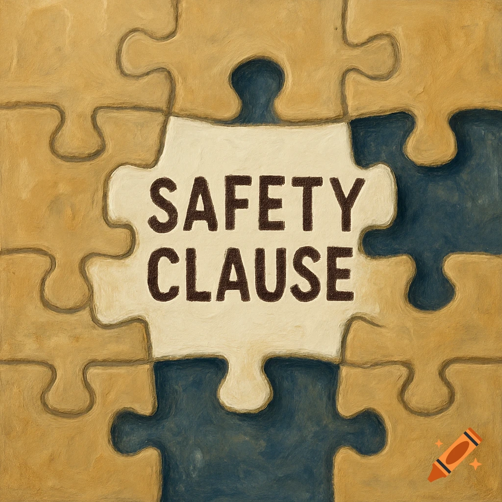 Textured image of an unfinished puzzle with SAFETY CLAUSE written on the central piece.