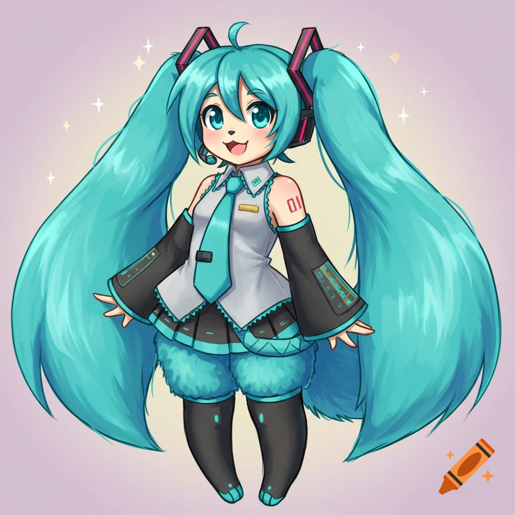 Chibi anime drawing of Hatsune Miku with furry ears and muzzle