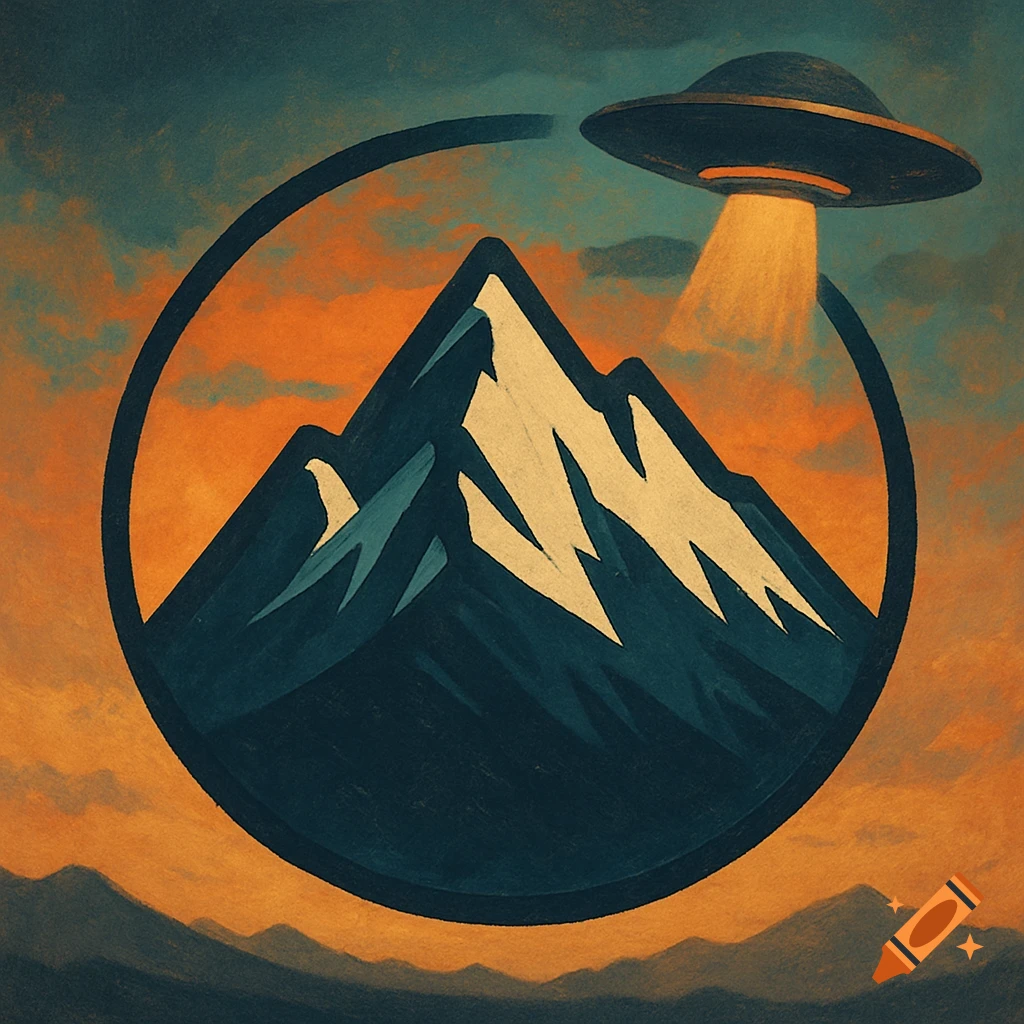 Illustration of a mountain peak framed in a circle with a UFO and light beam against an orange sky.