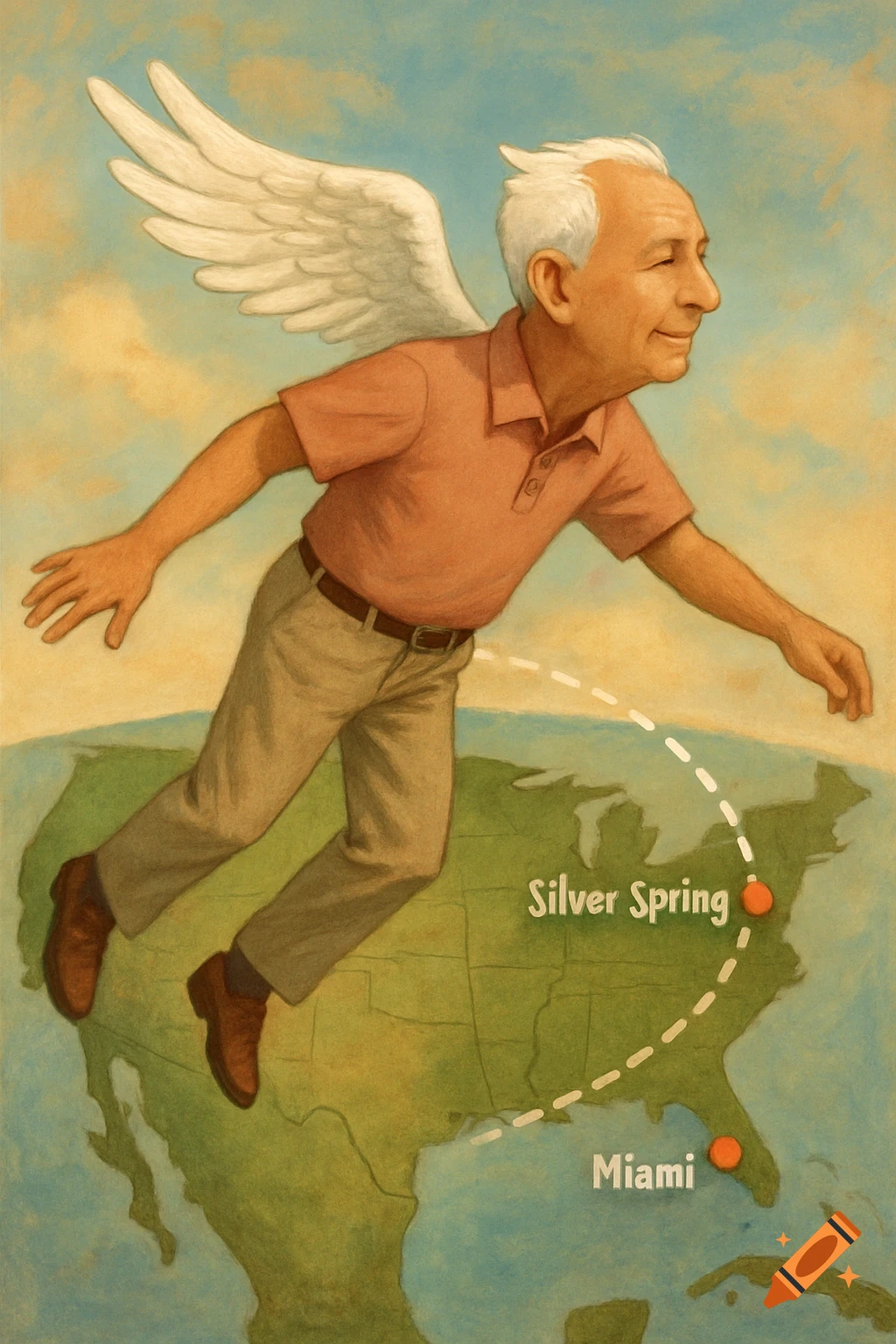 Illustration of a man with wings flying over a US map showing a route from Miami to Silver Spring.