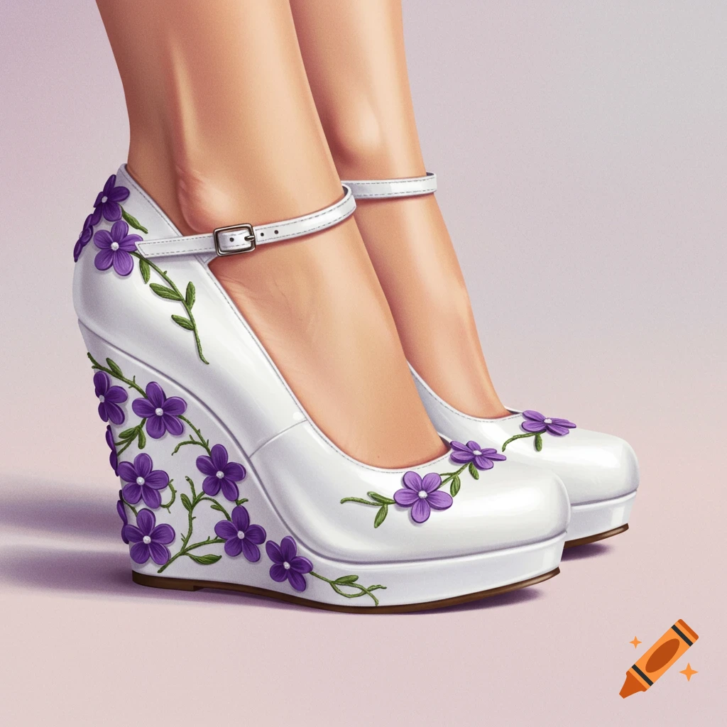 Pair of white wedge heels decorated with purple flowers and green vines on feet.