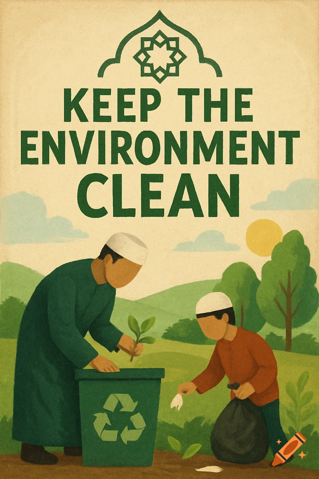 Poster illustration of two figures planting a tree and picking up trash in a park, with text 'KEEP THE ENVIRONMENT CLEAN'.