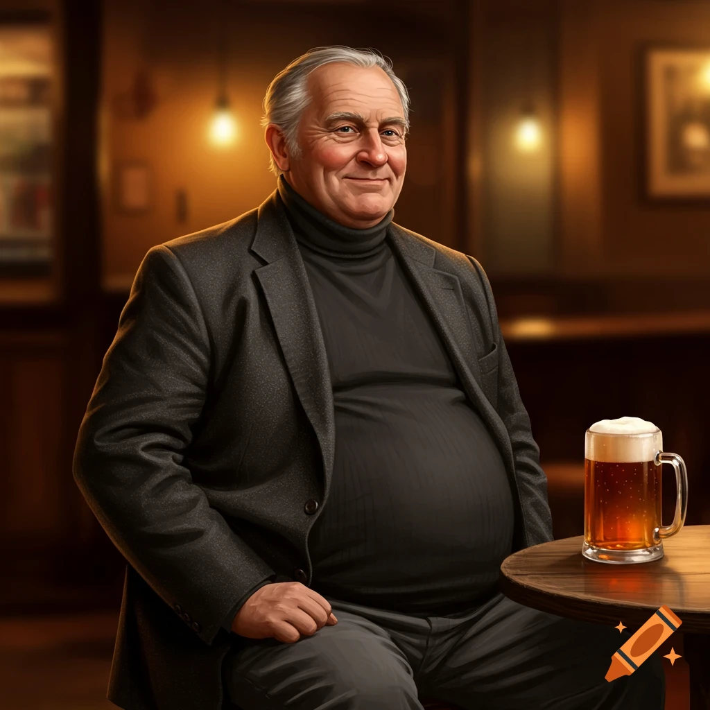 Older man with a beer belly sitting at a table in a pub with a beer.