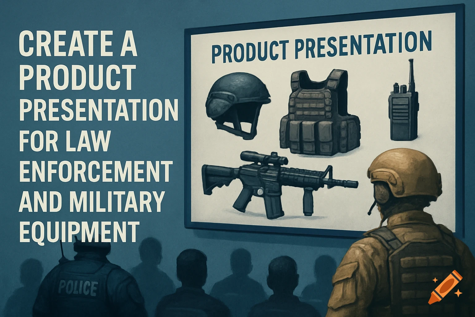Audience watches a product presentation on a screen showing law enforcement and military equipment, with text on the wall.
