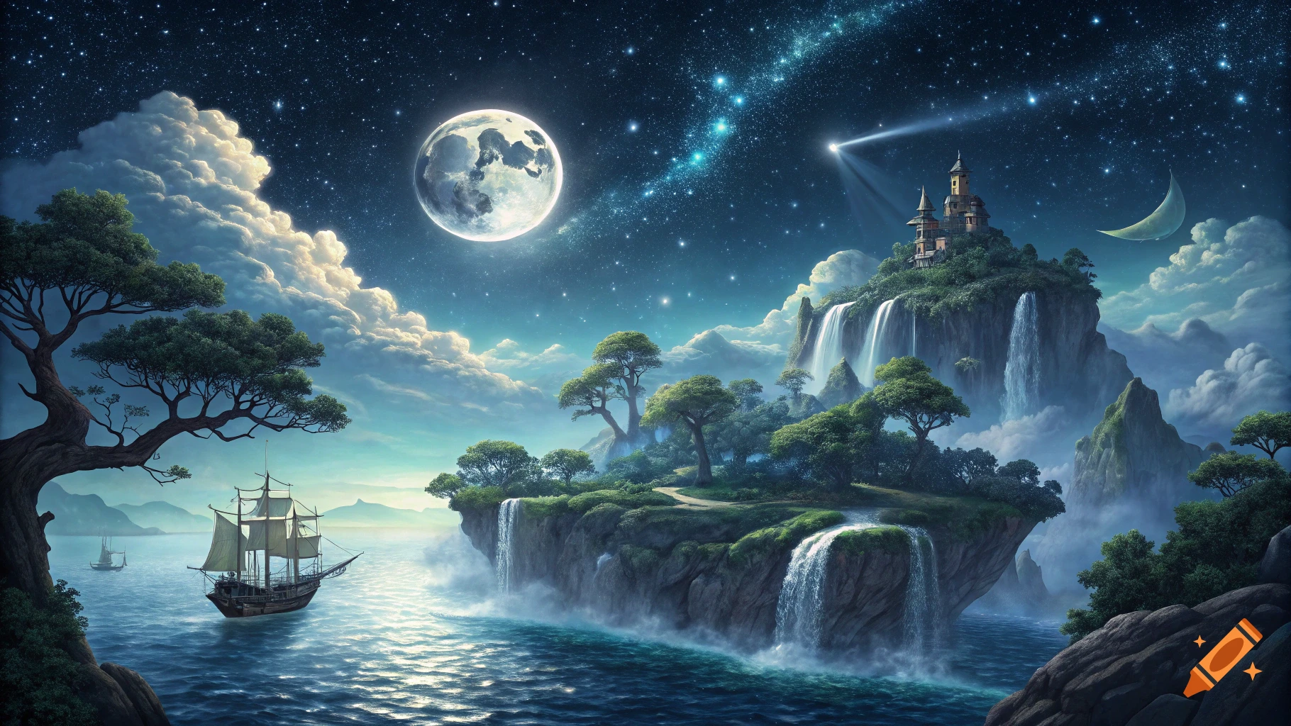 Fantasy landscape at night with castle on floating island, waterfalls, ship, moon, and starry sky.