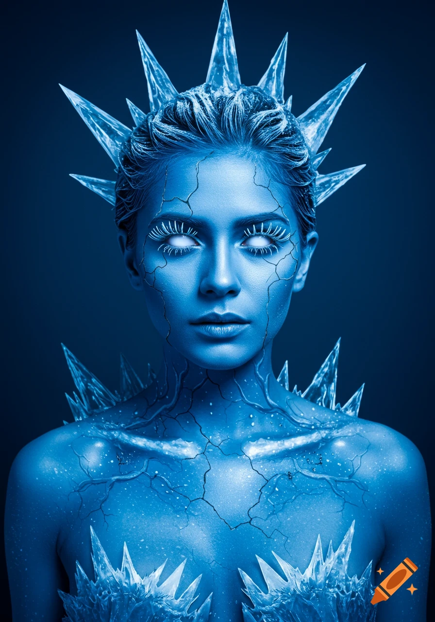 A portrait of a woman with ice spikes on her head and chest, cracked blue skin, and white eyes.