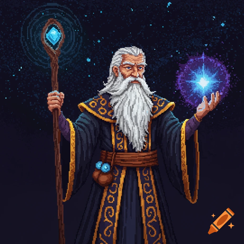 Pixel art of a wizard holding a staff and glowing orb. on Craiyon