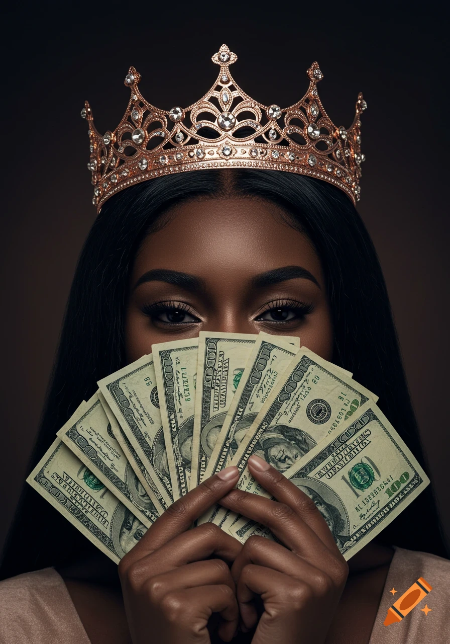 Hyper-realistic portrait of a queen wearing a crown and holding a fan of money covering her face.