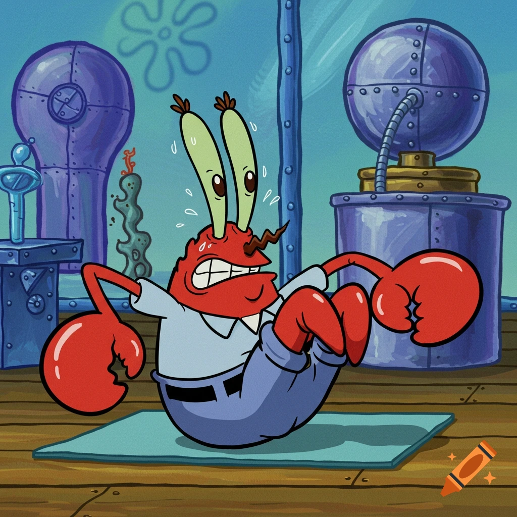 Mr. Krabs from Spongebob doing crunches on a mat in an underwater room.