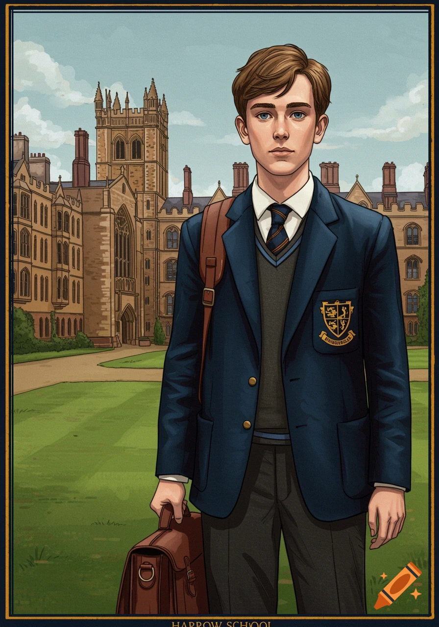 Illustration of a young man in a school uniform standing in front of a large brick school building.