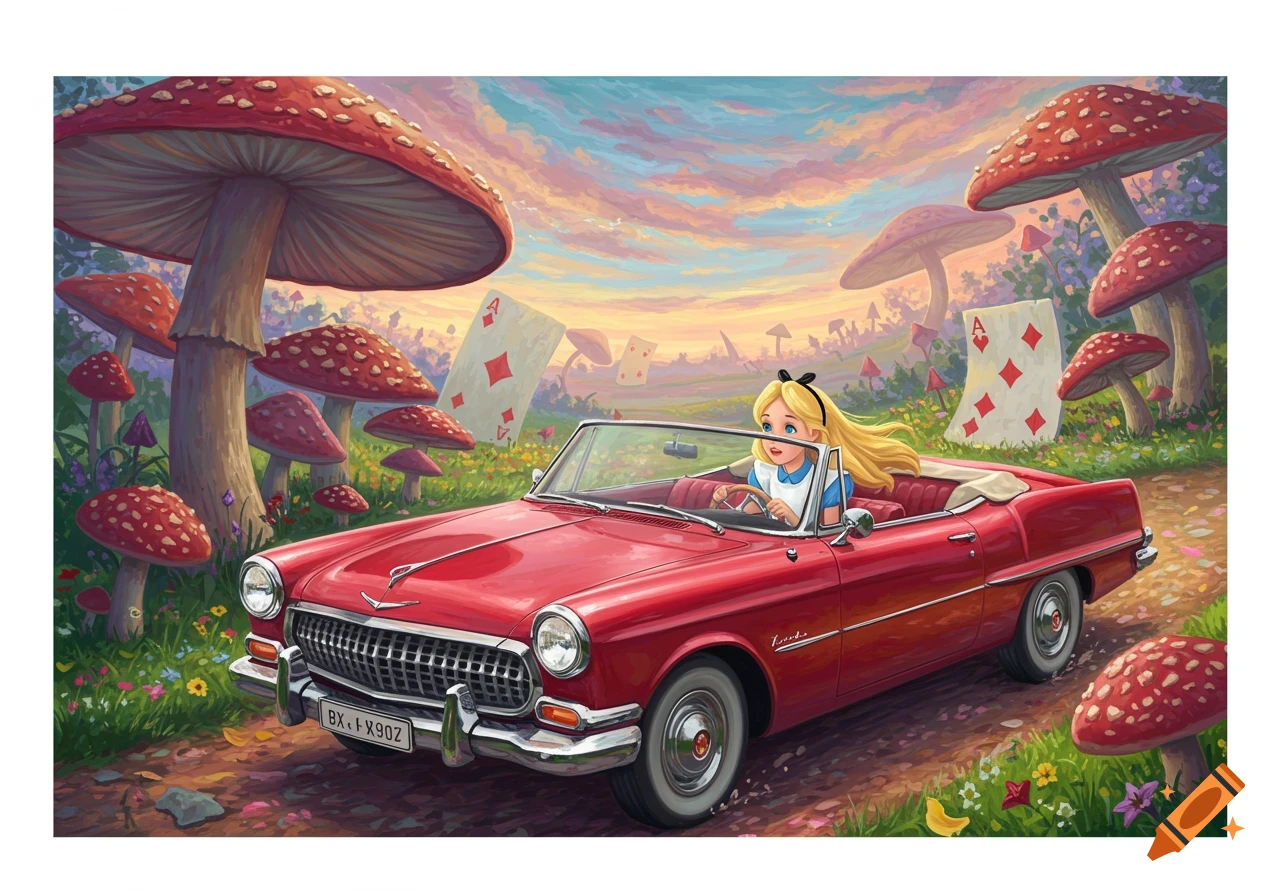 Alice in Wonderland drives a red convertible through a forest of giant mushrooms and floating cards in a painterly style.