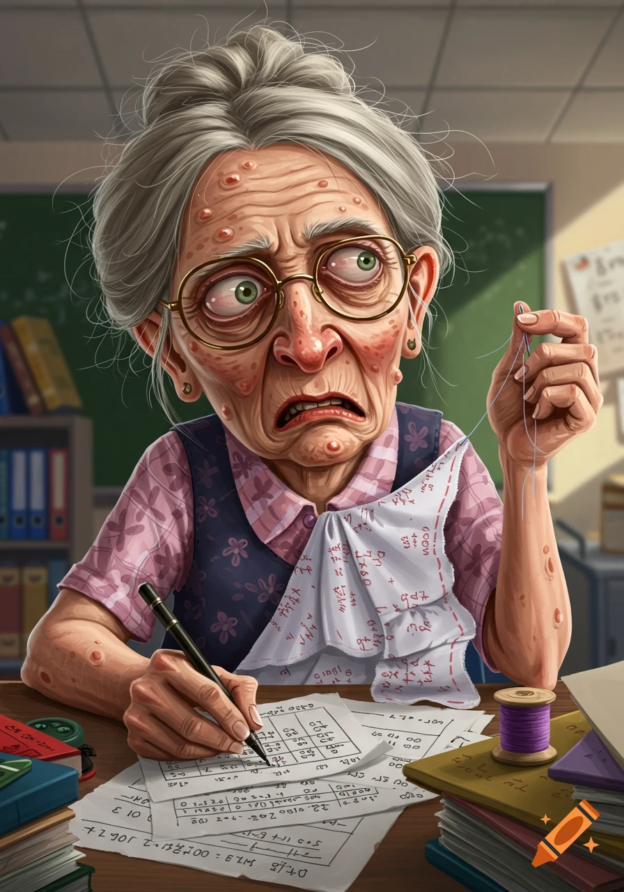 Caricature illustration of a stressed grandma teacher marking tests and sewing, with warts and bags under her eyes.