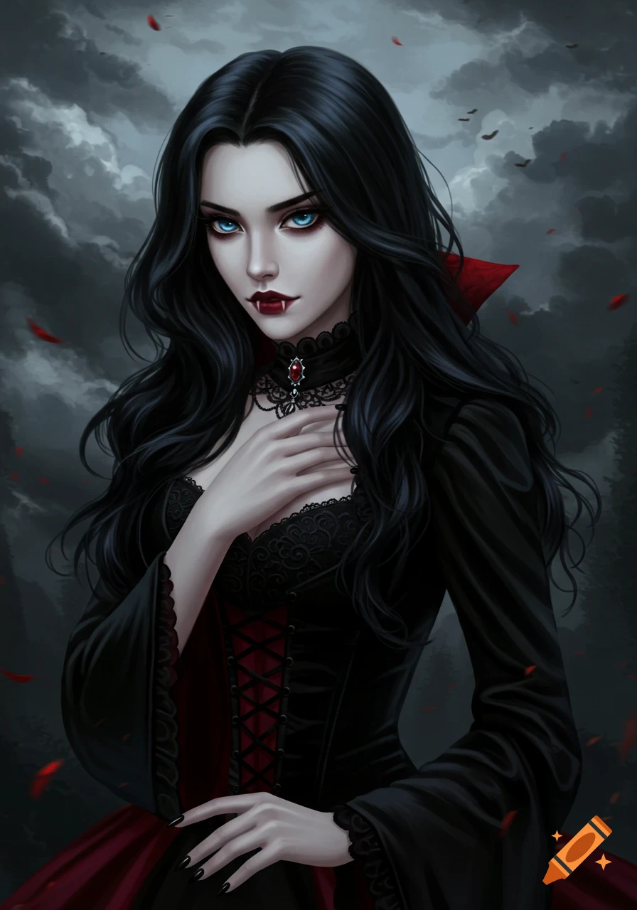 Portrait of a gothic vampire woman with dark hair and blue eyes against a stormy sky