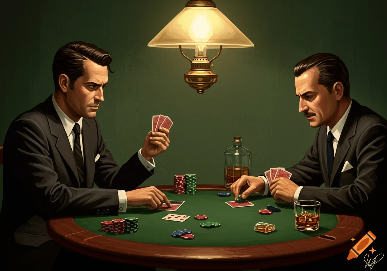 Two men playing poker at a table under a lamp.