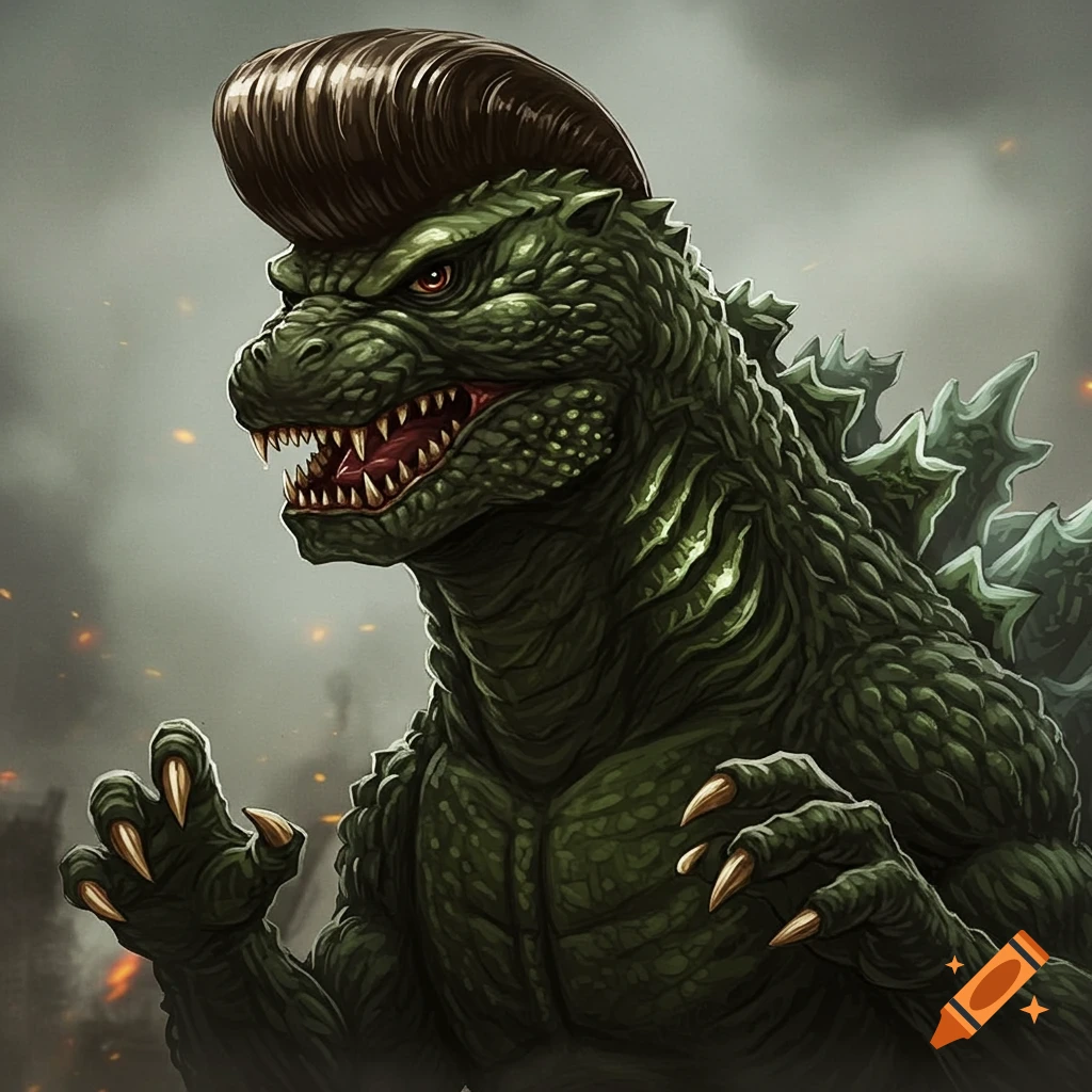 Illustration of Godzilla with a large pompadour hairstyle against a smoky background.