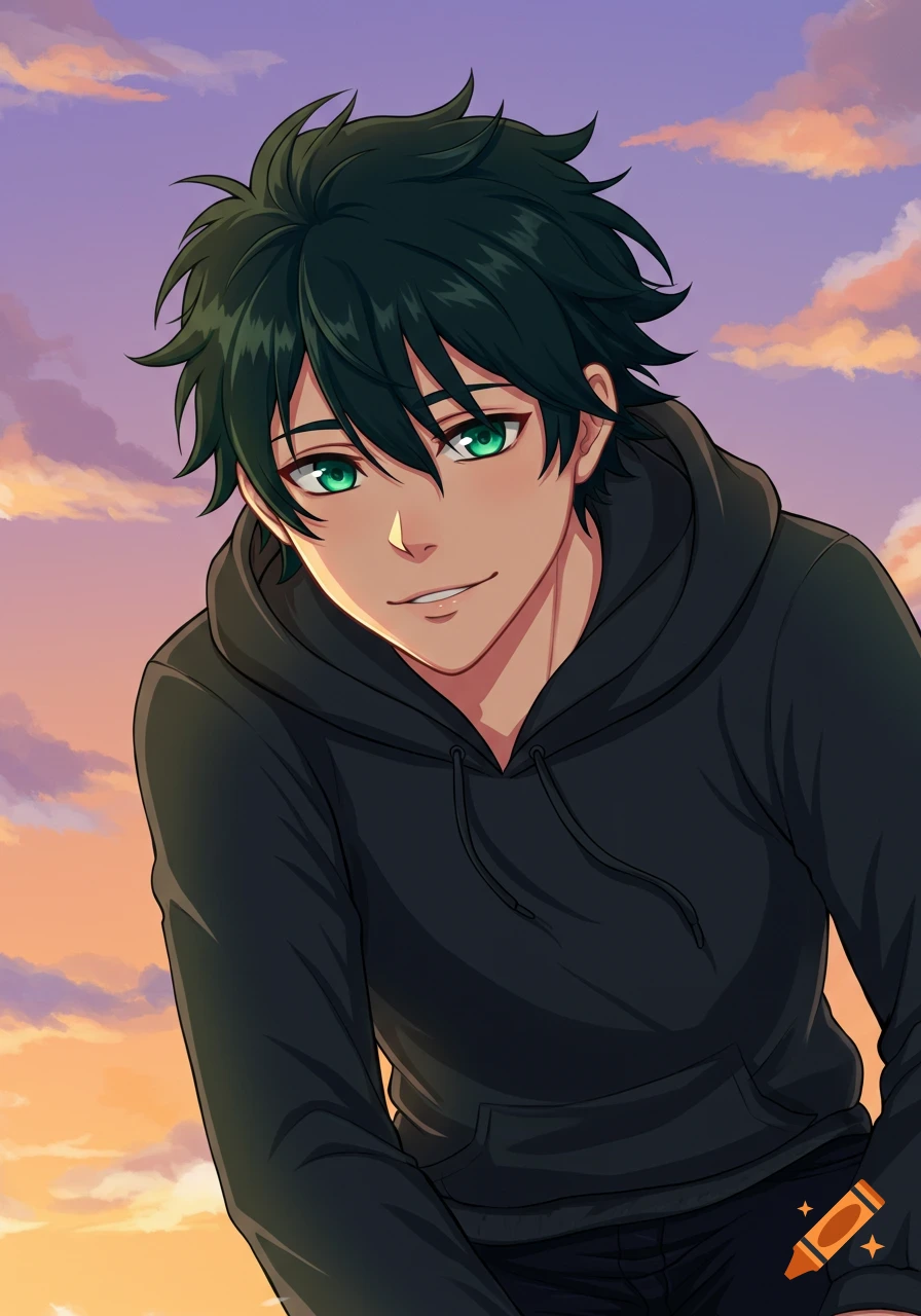 Anime portrait of a young man with dark hair and green eyes, wearing a black hoodie, against a sunset sky.