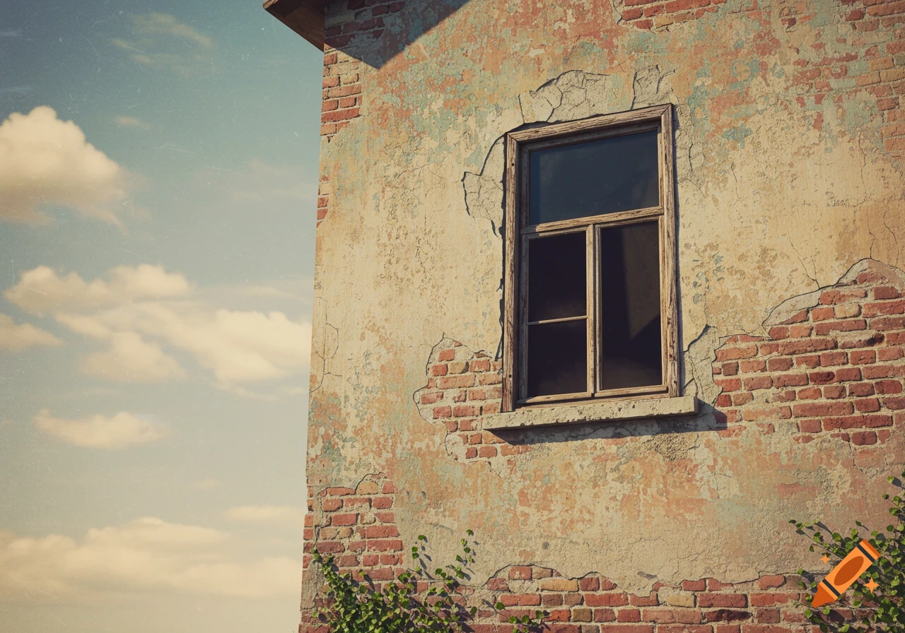 Weathered wall of an old brick house with a window under a cloudy sky.