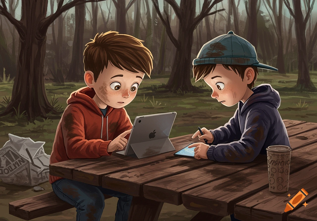 Two dirty boys sit at a picnic table in a park, one using an iPad and the other a tablet.