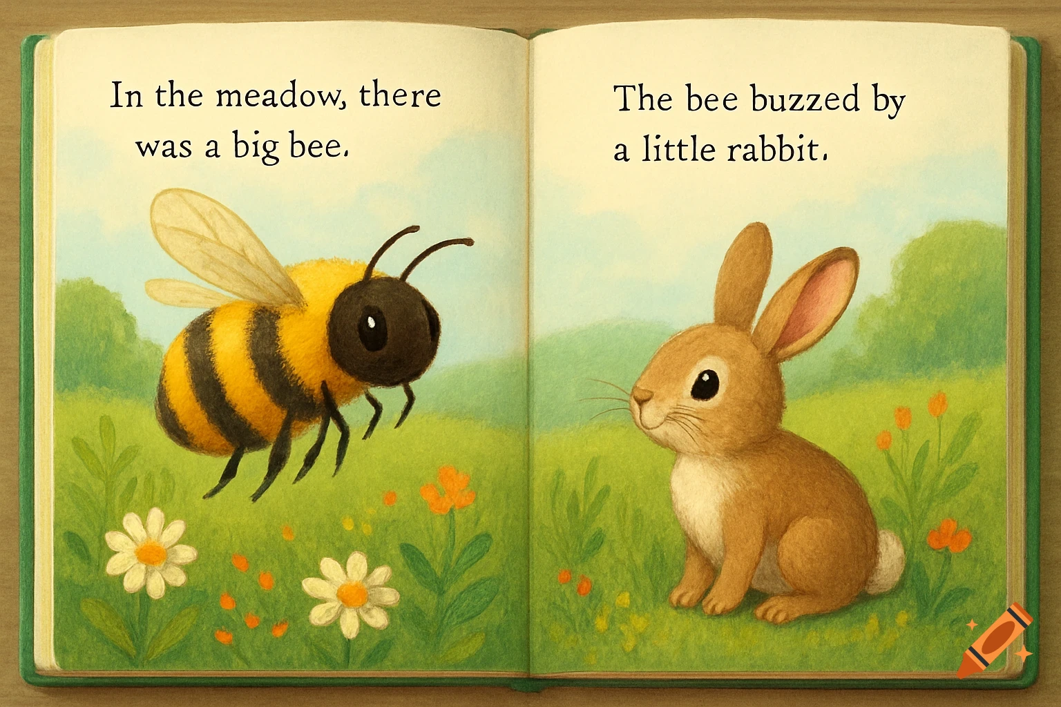 Open children's book shows a bee on the left page and a rabbit on the right page in a grassy meadow.