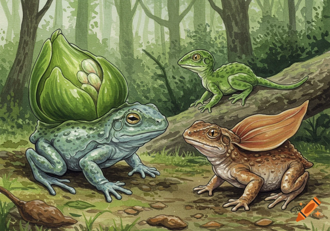 Three fantasy creatures resembling frogs and lizards, one with a plant bud on its back, in a forest clearing in watercolor style.