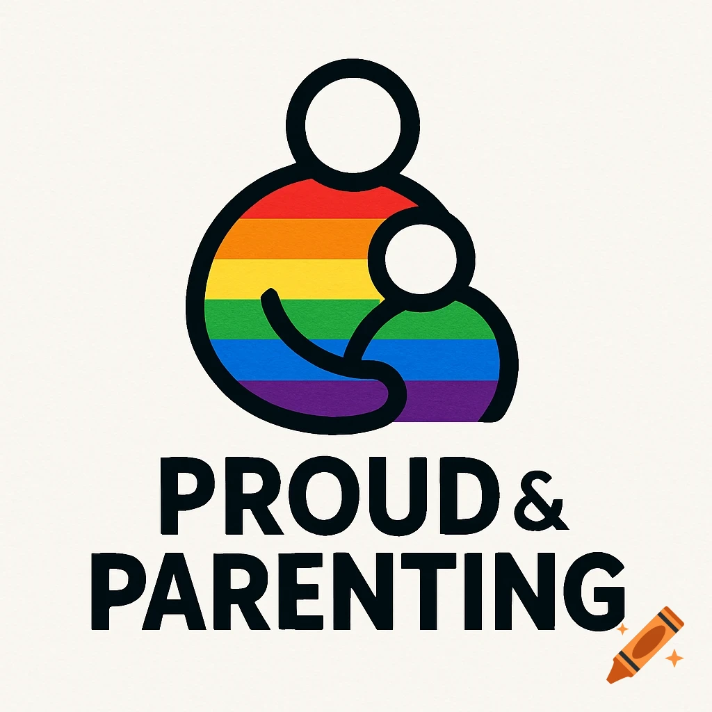 Logo featuring abstract figures embracing over a rainbow flag with text 'PROUD & PARENTING'.