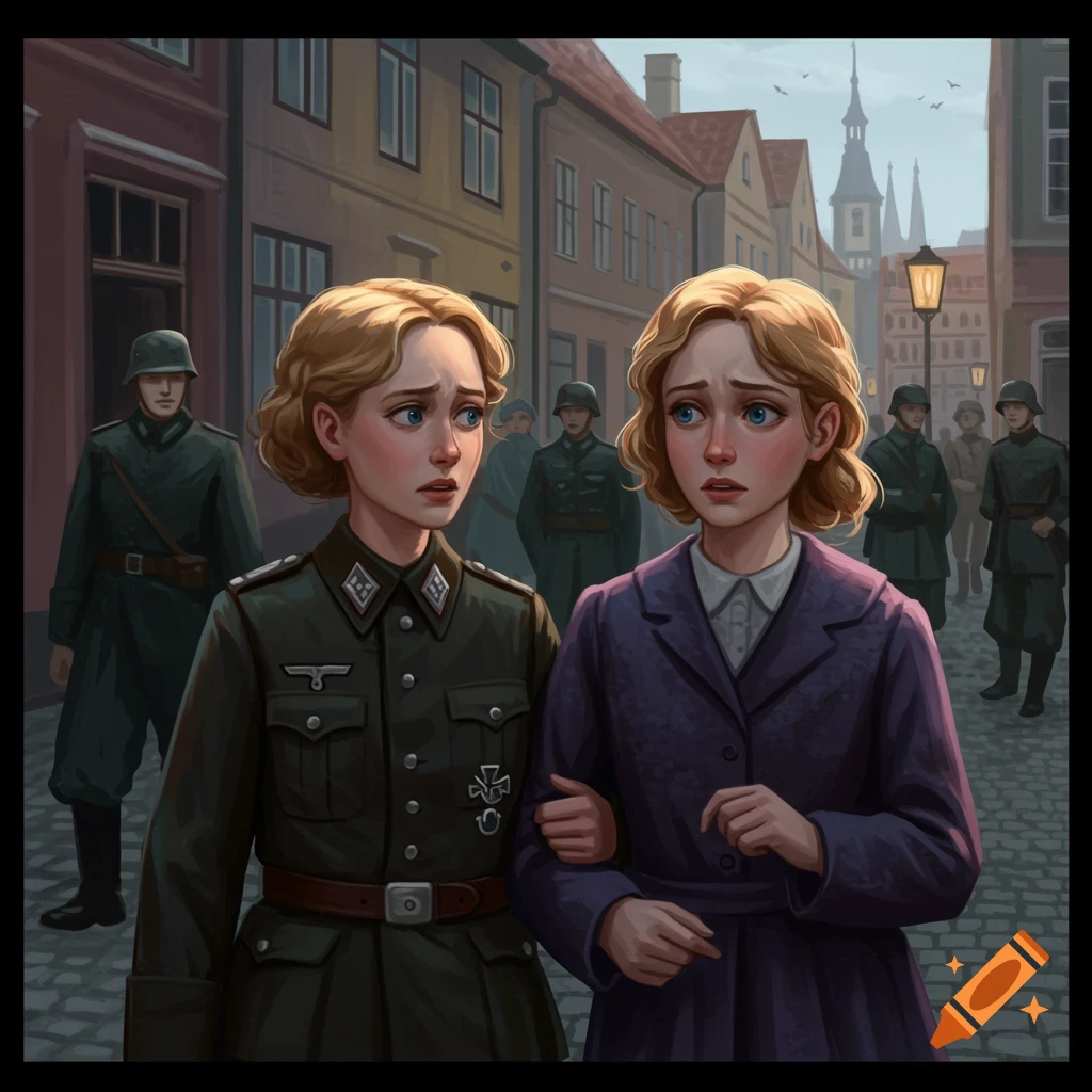 Two young women, one in uniform, walk worriedly on a street with soldiers, illustrated style.