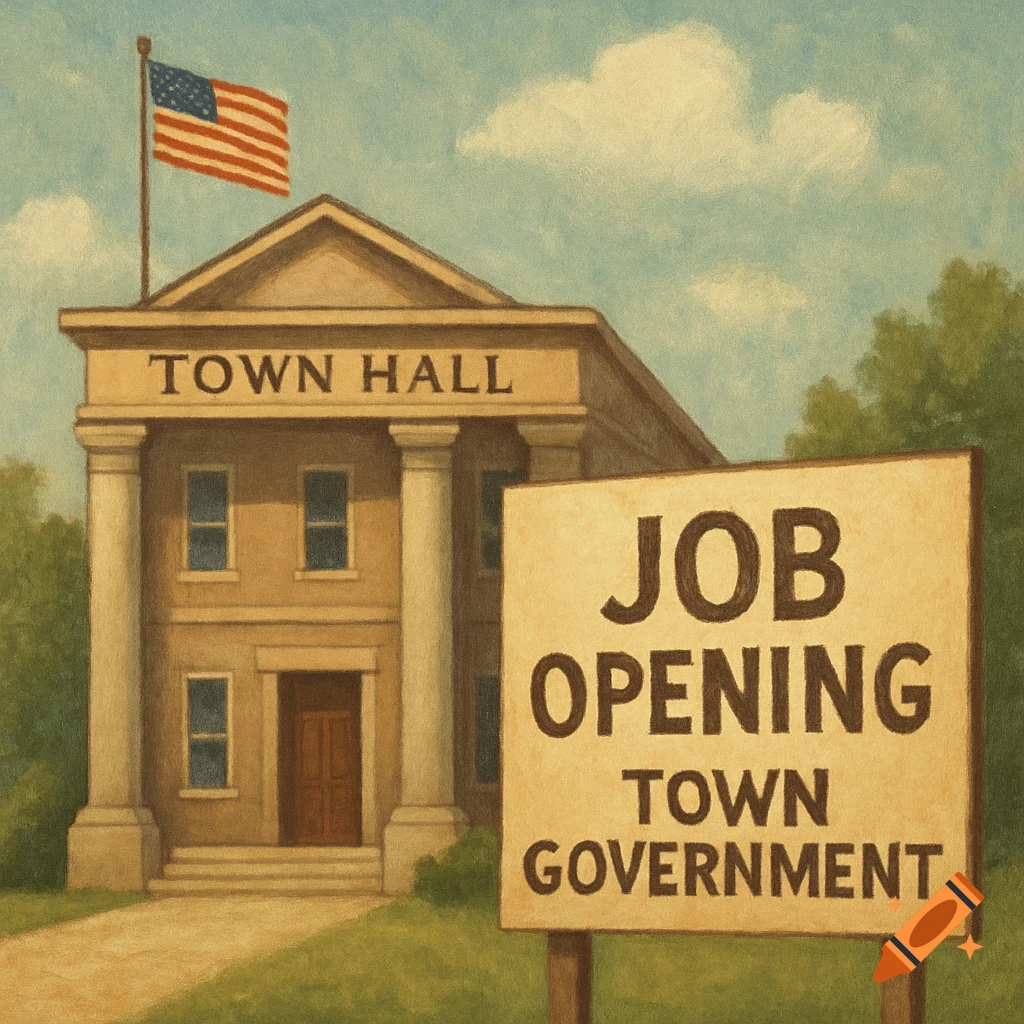 A painting of a town hall building with an American flag and a sign saying "JOB OPENING TOWN GOVERNMENT".