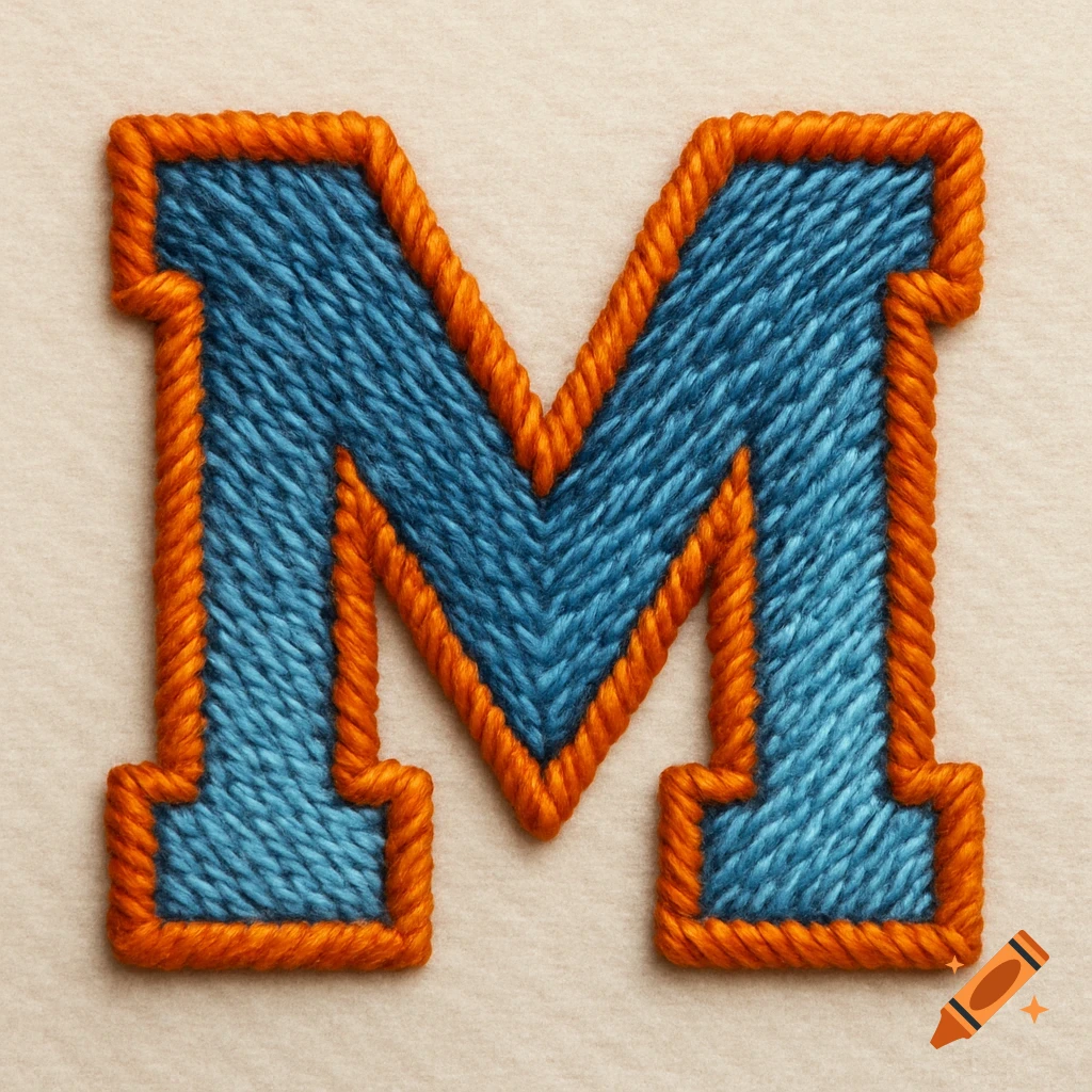A close-up of an embroidered letter M patch with blue stitches and an orange outline.