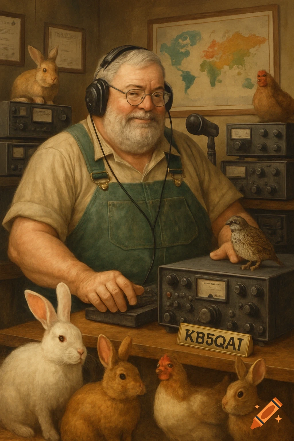 Digital painting of a man wearing headphones operating a radio, with rabbits and chickens nearby.