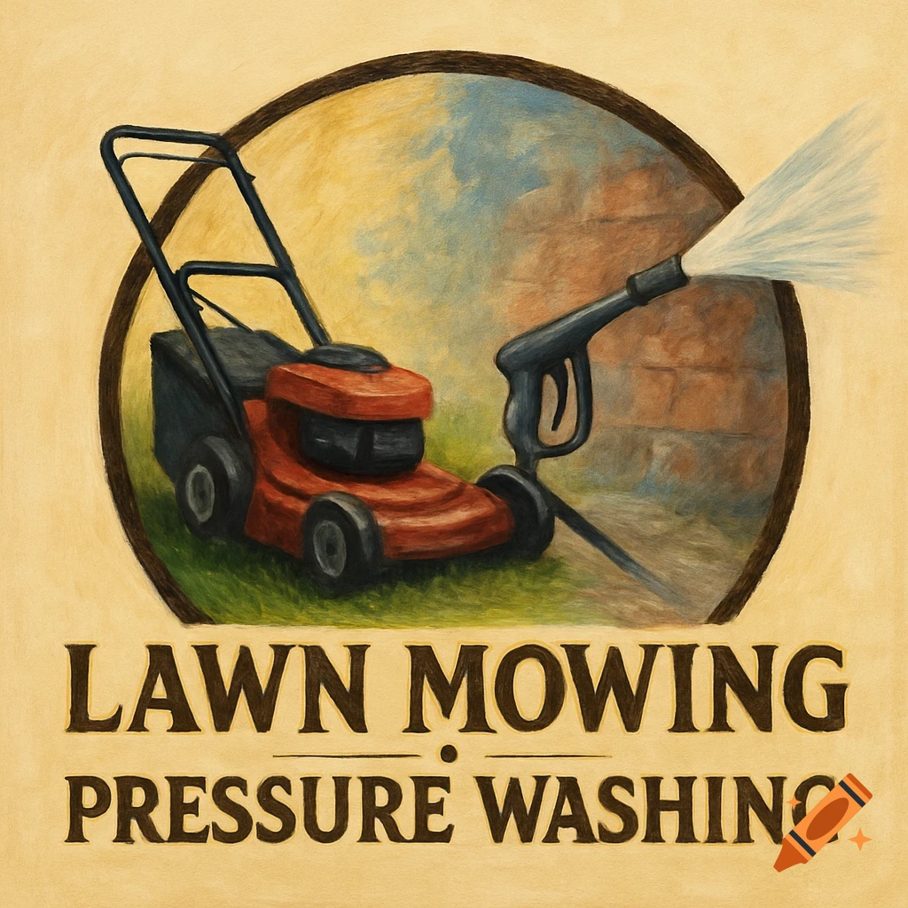 Lawn mower and pressure washer nozzle inside a circle with text below, in a painterly style
