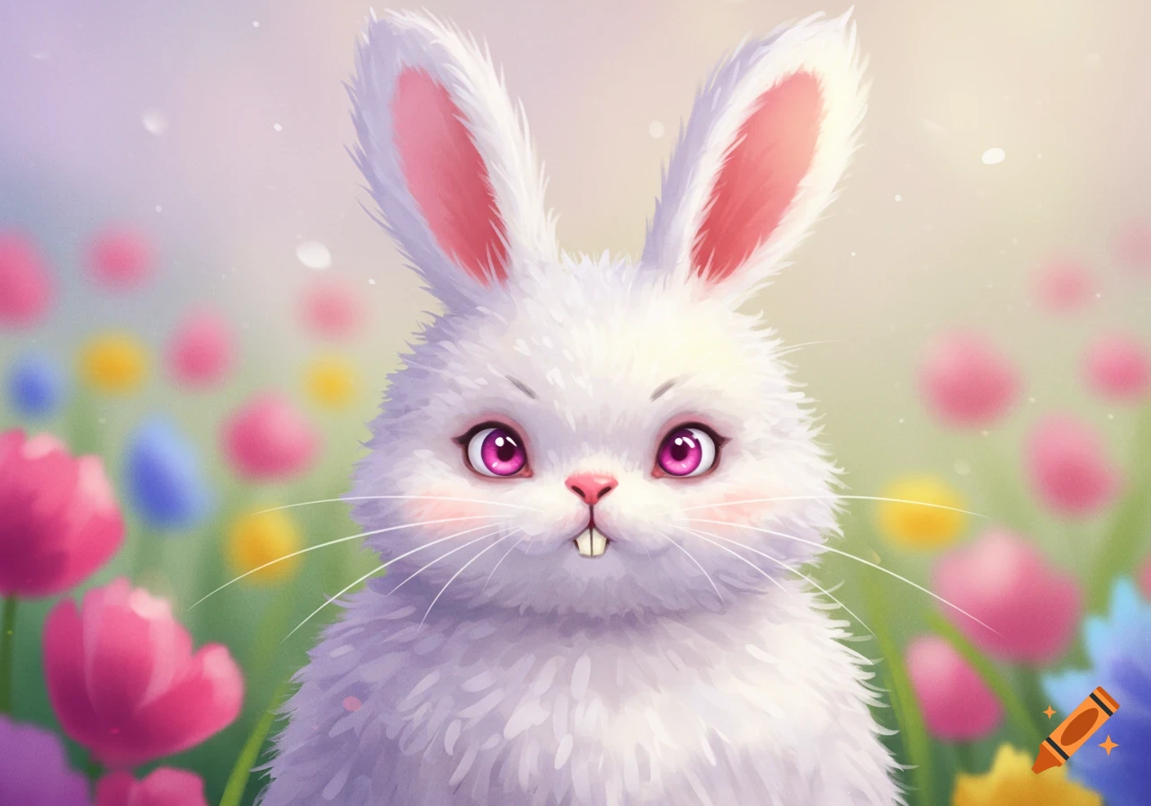 Cute white rabbit with pink eyes in a field of pink and yellow flowers, digital art