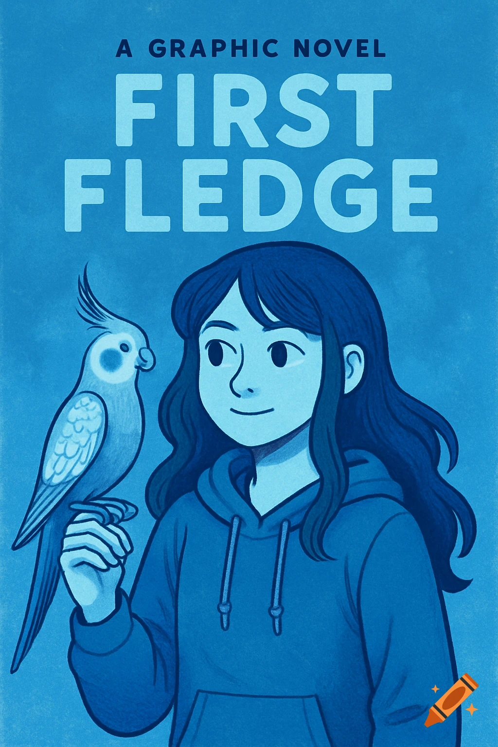 Graphic novel cover illustration of a girl and her cockatiel in blue tones.