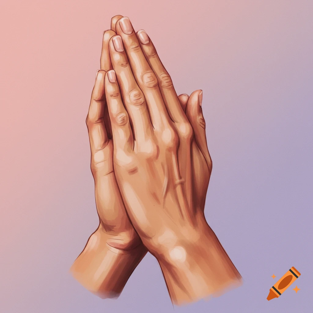 Illustration of two hands held together in a prayer position against a gradient background.