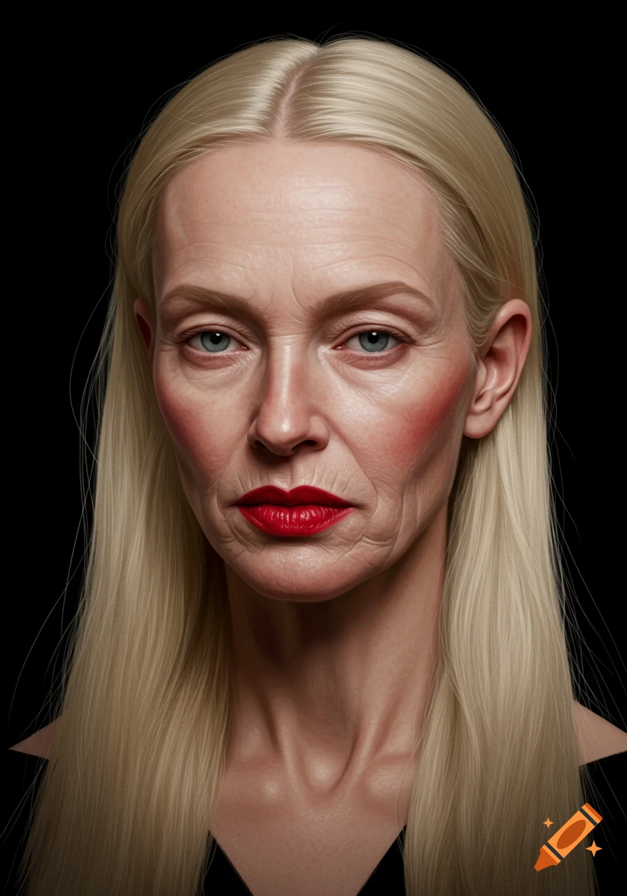 Close-up photorealistic portrait of a woman with long blond hair, prominent wrinkles, and bright red lipstick against a black background.