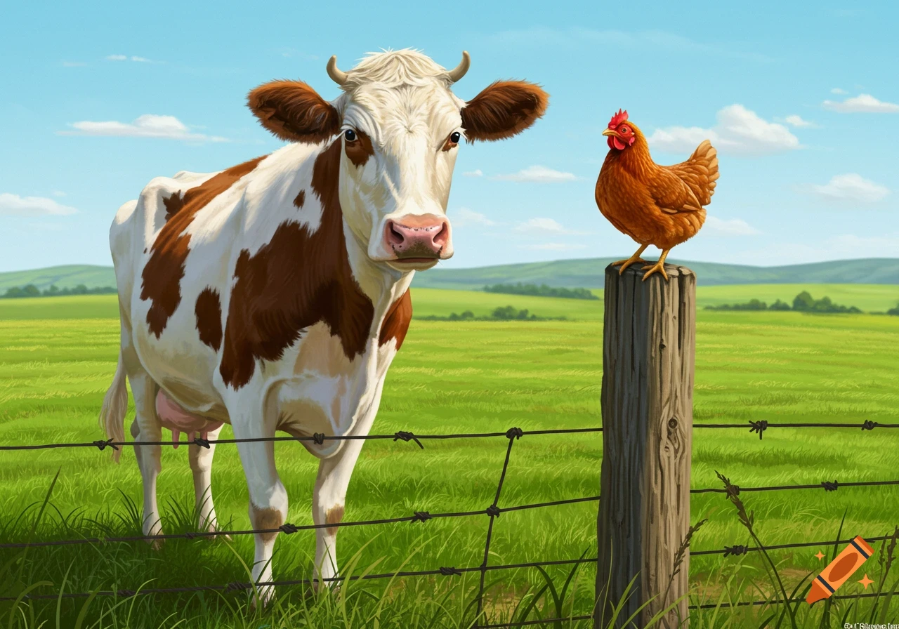A cow and a chicken on a fence post in a field.