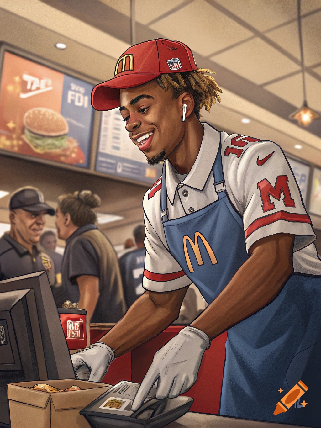 Smiling person in red hat, McDonald's apron, and football jersey works at fast food counter in illustration.