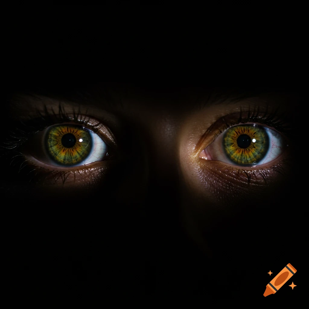 Close-up of a pair of hazel eyes looking out from darkness.