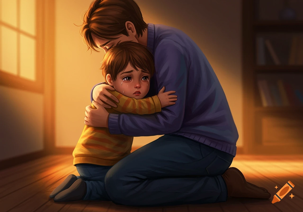 Illustration of a parent kneeling, embracing a crying child in a warmly lit room.