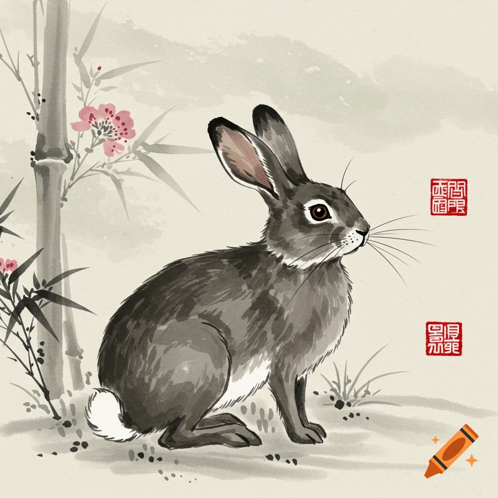 Sumi painting of a rabbit sitting next to bamboo with red seals.