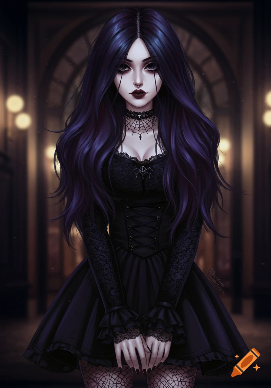 An anime-style goth girl with long purple hair and black lace dress stands in a dark interior.