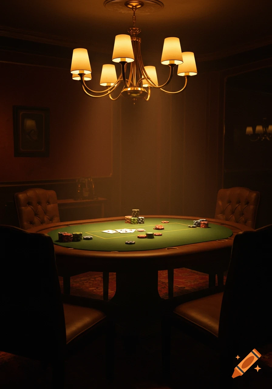 Poker table with cards and chips in a dark room with a chandelier.